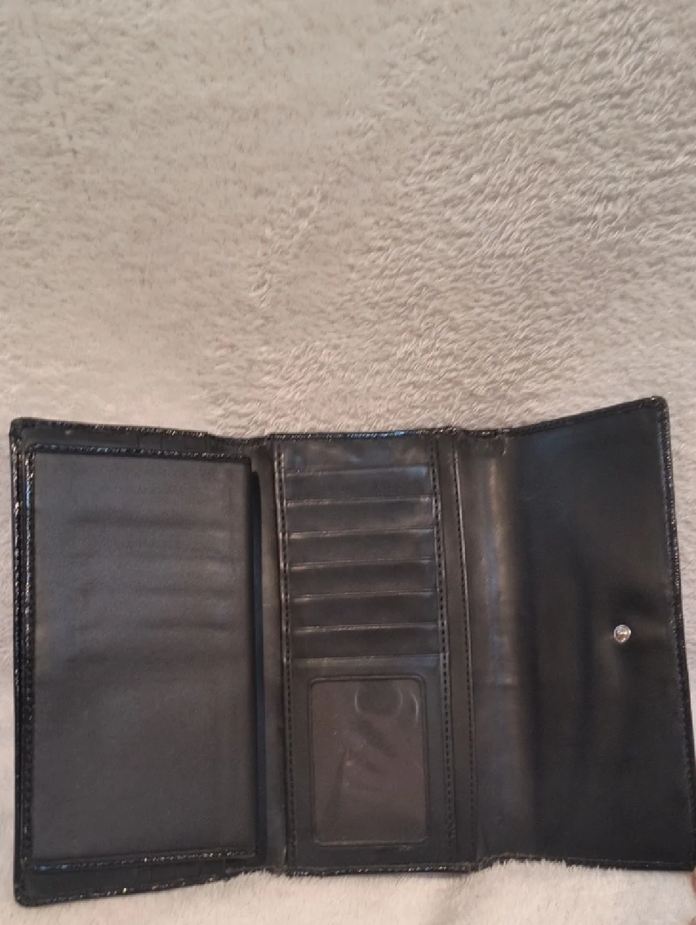Coach Black Leather Patent Leather Trifold Checkbook Wallet